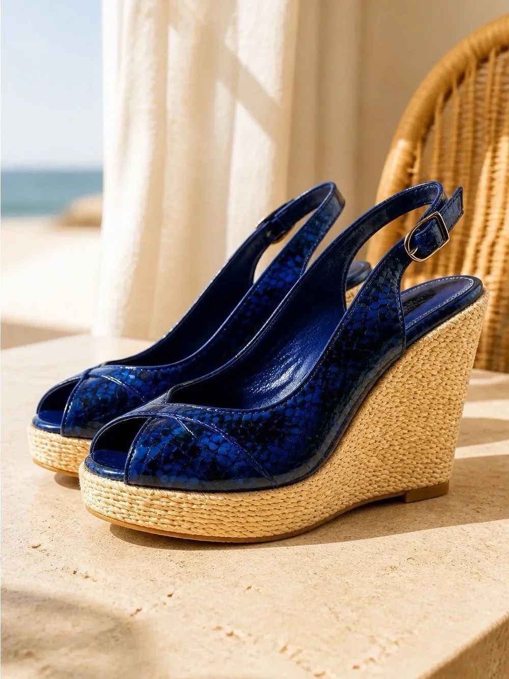 BLUE SNAKESKIN PLATFORM WEDGES BY WHBM SIZE 7M